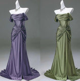 Ndyad Pleated Satin Formal Mermaid Evening Dress,Fahsion Graudation Prom Dresses with Off-the-Shoulder HZ1024
