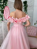 Ndyad A-Line Tulle Off The Shoulder Long Evening Prom Dress With Slit HZ1024