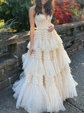 Ndyad A-Line Spaghetti Straps Long Tiered Tulle Prom Dress With Split HZ1024