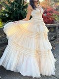Ndyad A-Line Spaghetti Straps Long Tiered Tulle Prom Dress With Split HZ1024