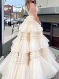 Ndyad A-Line Spaghetti Straps Long Tiered Tulle Prom Dress With Split HZ1024