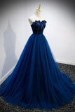 Ndyad A-line Strapless Blue Velvet And Tulle Long Prom Dress HZ1024