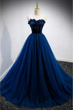 Ndyad A-line Strapless Blue Velvet And Tulle Long Prom Dress HZ1024
