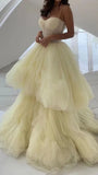 Evafashion Yellow A-Line Tulle Prom Dress, Spaghetti Straps Evening Dress HZ1024