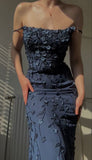 Ndyad Bodycon Spaghetti Straps 3D Applique Long Prom Dress HZ1024