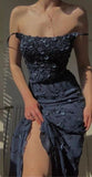 Ndyad Bodycon Spaghetti Straps 3D Applique Long Prom Dress HZ1024