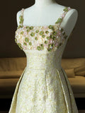 Ndyad Spaghetti Strap A-Line Colorful Satin Beaded Sequins Long Prom Dress HZ1024