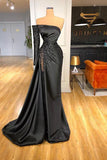 Ndyad Mermaid One Shoulder Satin Long Prom Dress Beadings Evening Dress HZ1024