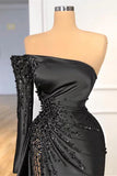 Ndyad Mermaid One Shoulder Satin Long Prom Dress Beadings Evening Dress HZ1024
