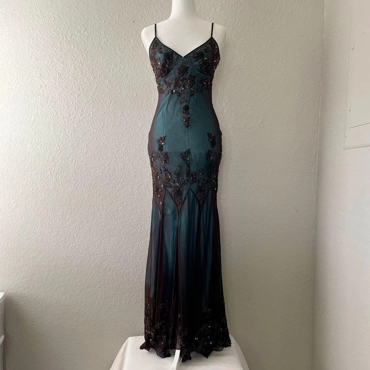 Ndyad Evening Dresses ?? Blue Satin Spaghetti Straps Coffee Chiffon Long Prom Dresses with Beading HZ1024