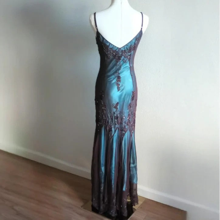Ndyad Evening Dresses ?? Blue Satin Spaghetti Straps Coffee Chiffon Long Prom Dresses with Beading HZ1024