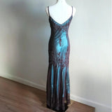 Ndyad Evening Dresses ?? Blue Satin Spaghetti Straps Coffee Chiffon Long Prom Dresses with Beading HZ1024