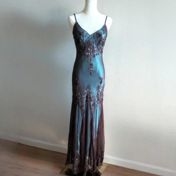 Ndyad Evening Dresses ?? Blue Satin Spaghetti Straps Coffee Chiffon Long Prom Dresses with Beading HZ1024