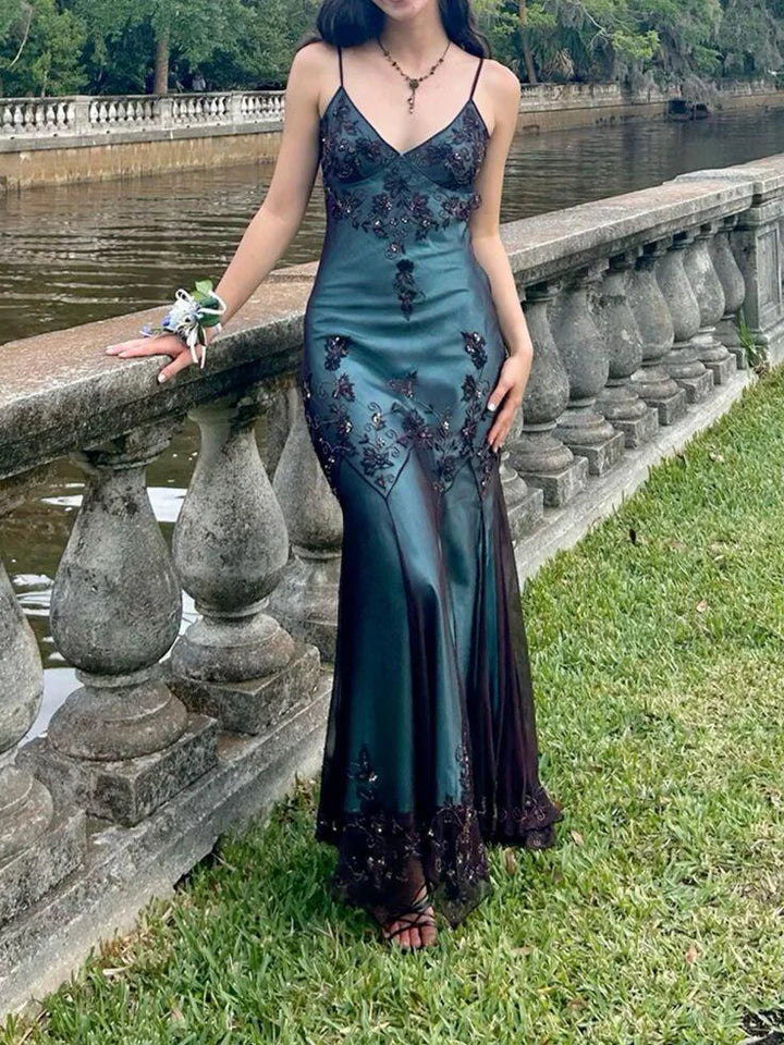 Ndyad Evening Dresses ?? Blue Satin Spaghetti Straps Coffee Chiffon Long Prom Dresses with Beading HZ1024