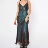 Ndyad Evening Dresses ?? Blue Satin Spaghetti Straps Coffee Chiffon Long Prom Dresses with Beading HZ1024