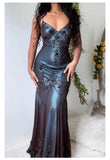 Ndyad Evening Dresses ?? Blue Satin Spaghetti Straps Coffee Chiffon Long Prom Dresses with Beading HZ1024