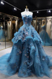 Ndyad A-line Tulle 3D Appliqu¨¦ Long Prom Dress, Vintage Evening Gown HZ1024