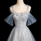 Ndyad Spaghetti Straps Tulle Sequins Long Prom Dress, Sweet Beaded Evening Dress HZ1024