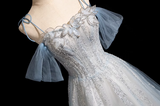 Ndyad Spaghetti Straps Tulle Sequins Long Prom Dress, Sweet Beaded Evening Dress HZ1024