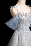 Ndyad Spaghetti Straps Tulle Sequins Long Prom Dress, Sweet Beaded Evening Dress HZ1024