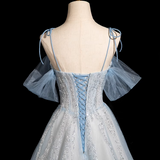 Ndyad Spaghetti Straps Tulle Sequins Long Prom Dress, Sweet Beaded Evening Dress HZ1024