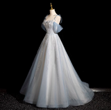 Ndyad Spaghetti Straps Tulle Sequins Long Prom Dress, Sweet Beaded Evening Dress HZ1024