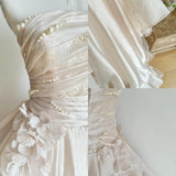 Ndyad Pink A-line Tulle Satin Long Prom Dresses Strapless Applique Wedding Dresses HZ1024