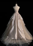 Ndyad Pink A-line Tulle Satin Long Prom Dresses Strapless Applique Wedding Dresses HZ1024