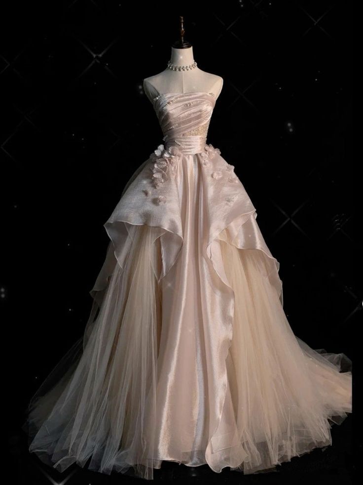 Ndyad Pink A-line Tulle Satin Long Prom Dresses Strapless Applique Wedding Dresses HZ1024