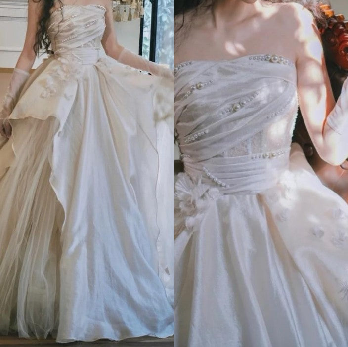 Ndyad Pink A-line Tulle Satin Long Prom Dresses Strapless Applique Wedding Dresses HZ1024