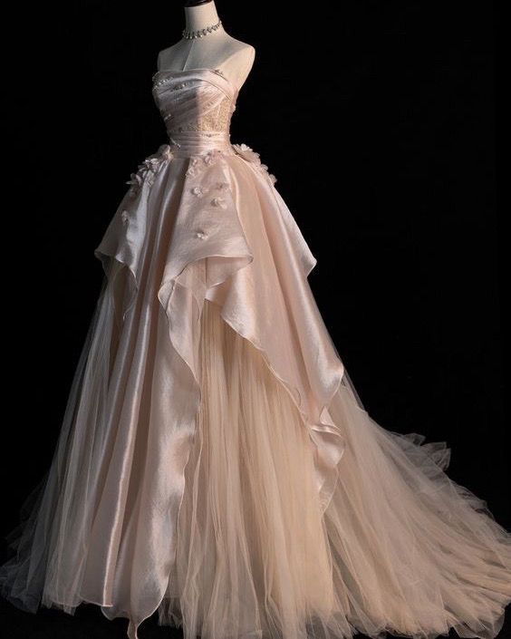 Ndyad Pink A-line Tulle Satin Long Prom Dresses Strapless Applique Wedding Dresses HZ1024