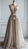 Ndyad Deep V Neck Tulle Applique Long Evening Gown Bridesmaid Dress HZ1024