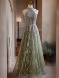 Evafashion A-line Halterneck Tulle Sequins Long Prom Dress, Beaded Evening Dress HZ1024
