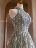 Evafashion A-line Halterneck Tulle Sequins Long Prom Dress, Beaded Evening Dress HZ1024