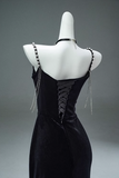 Ndyad Mermaid Spaghetti Straps Velvet Beaded Long Prom Dresses , Elegant Evening Dress HZ1024