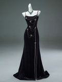 Ndyad Mermaid Spaghetti Straps Velvet Beaded Long Prom Dresses , Elegant Evening Dress HZ1024