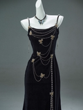 Ndyad Mermaid Spaghetti Straps Velvet Beaded Long Prom Dresses , Elegant Evening Dress HZ1024