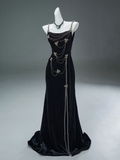 Ndyad Mermaid Spaghetti Straps Velvet Beaded Long Prom Dresses , Elegant Evening Dress HZ1024