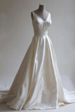 Ndyad A-line V-neck Satin Train Long Prom Dress Simple Wedding Dress HZ1024