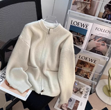 Evafashion style double-head zipper soft waxy sweater jacket loose casual outer wear knitted cardigan HZ1024