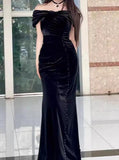 Ndyad Mermaid Off-the-shoulder Velvet Long Prom Dress, Elegant Evening Dress HZ1024