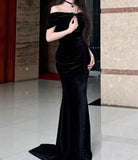 Ndyad Mermaid Off-the-shoulder Velvet Long Prom Dress, Elegant Evening Dress HZ1024