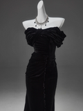 Ndyad Mermaid Off-the-shoulder Velvet Long Prom Dress, Elegant Evening Dress HZ1024