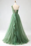 Ndyad Green A-Line One-Shoulder sequins Tulle Long Prom Dress HZ1024