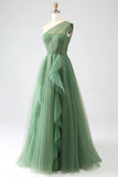 Ndyad Green A-Line One-Shoulder sequins Tulle Long Prom Dress HZ1024