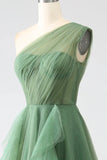 Ndyad Green A-Line One-Shoulder sequins Tulle Long Prom Dress HZ1024