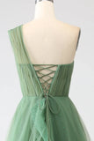 Ndyad Green A-Line One-Shoulder sequins Tulle Long Prom Dress HZ1024