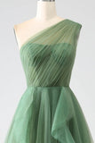 Ndyad Green A-Line One-Shoulder sequins Tulle Long Prom Dress HZ1024
