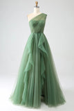 Ndyad Green A-Line One-Shoulder sequins Tulle Long Prom Dress HZ1024