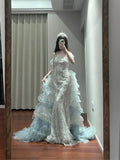 Ndyad Off-the-shoulder Tulle Sequin Long Ball Gown, Elegant Rhinestone Evening Gown HZ1024